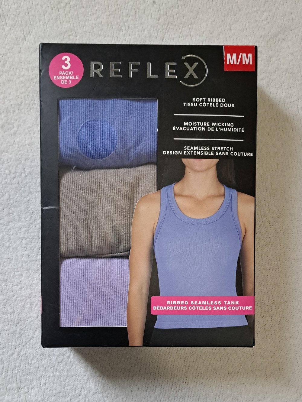 Reflex Set Of 3 Tanks Racer Back Ribbed Seamless Blue Taupe Purple Size Medium